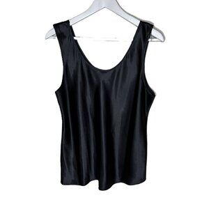 Vintage 80s Black Satin Scoop Neck Shell Tank Top, Layering, Size Large